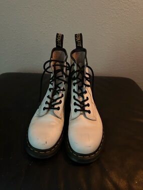Dr. Martens White Leather Combat Boots with Black Laces